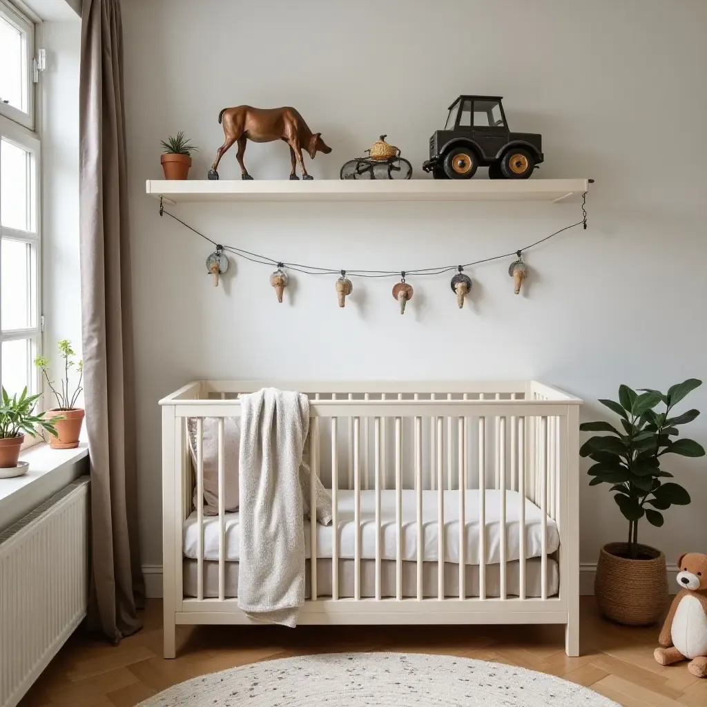 a photo of a nursery decorated with vintage toys and industrial elements