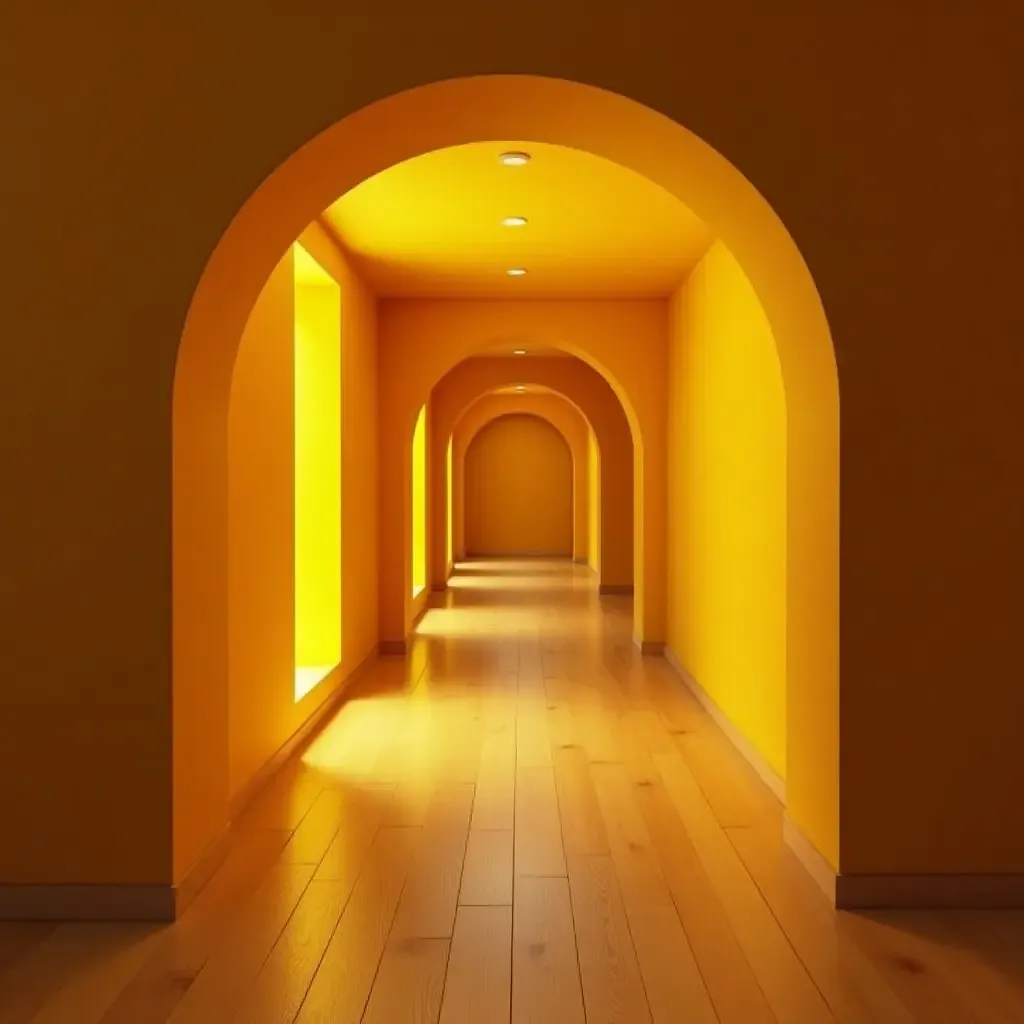 a photo of a lively sunflower yellow and rich brown hallway