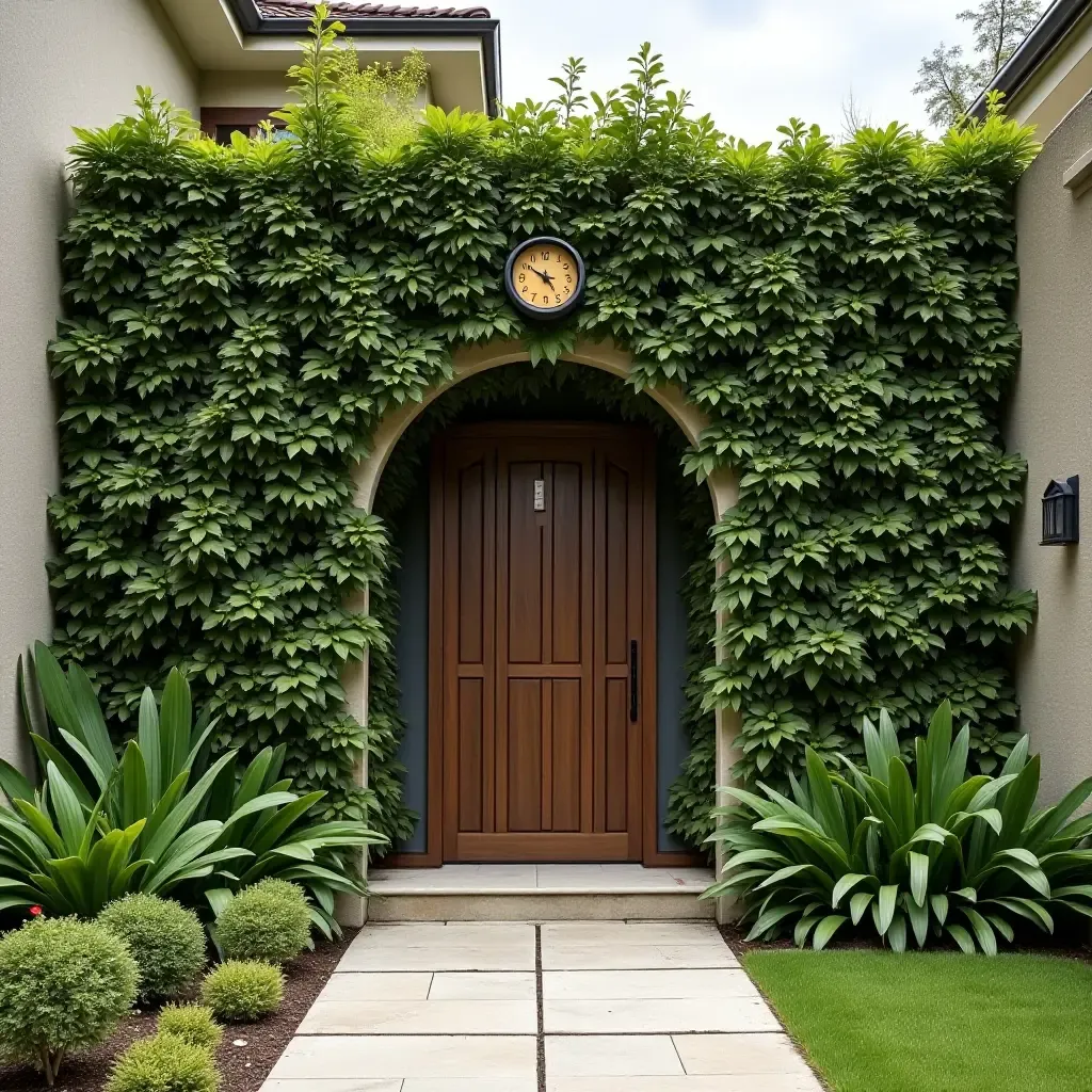 a photo of a unique garden wall design featuring a clock and plants in an entrance