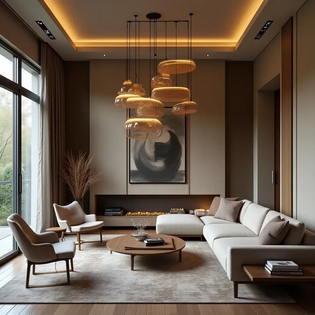 a photo of an artistic living room with unique pendant lights and creative design elements