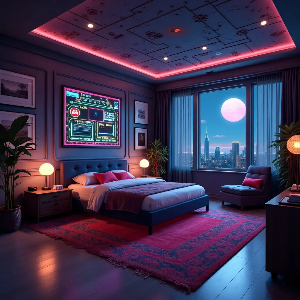 a photo of a retro video game-themed bedroom with pixel art