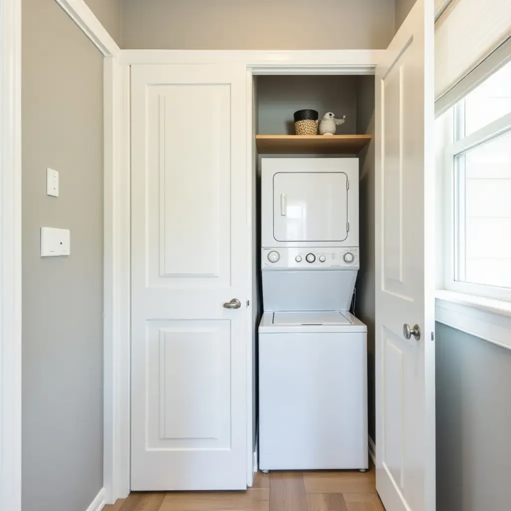 a photo of a laundry room featuring a stacked washer and dryer setup