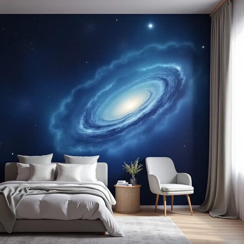 a photo of a mural of a dreamy galaxy covering one bedroom wall