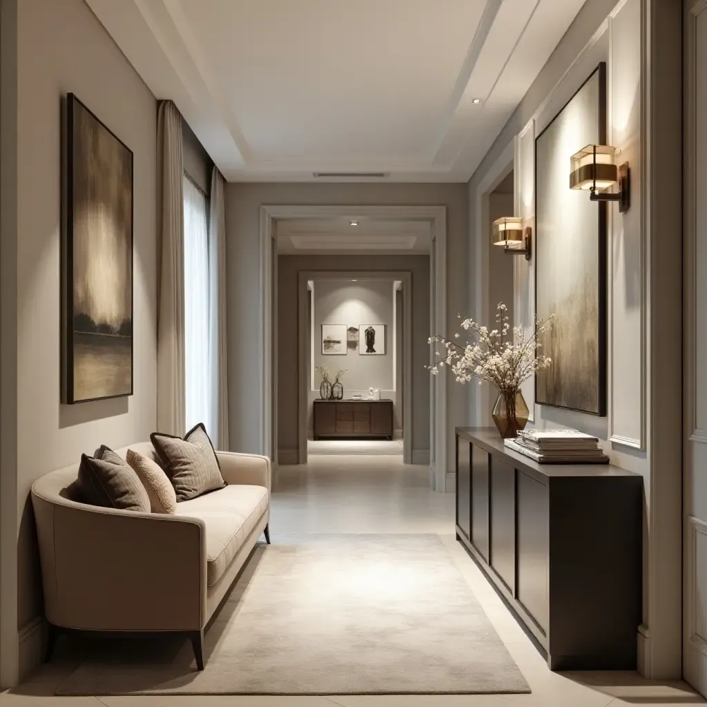 a photo of a chic corridor with a console table and seating