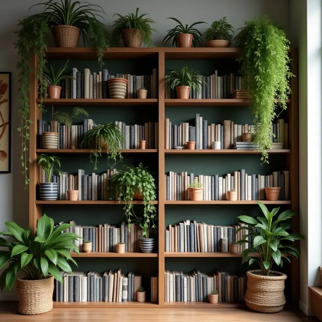 a photo of a rustic bookshelf filled with plants and books