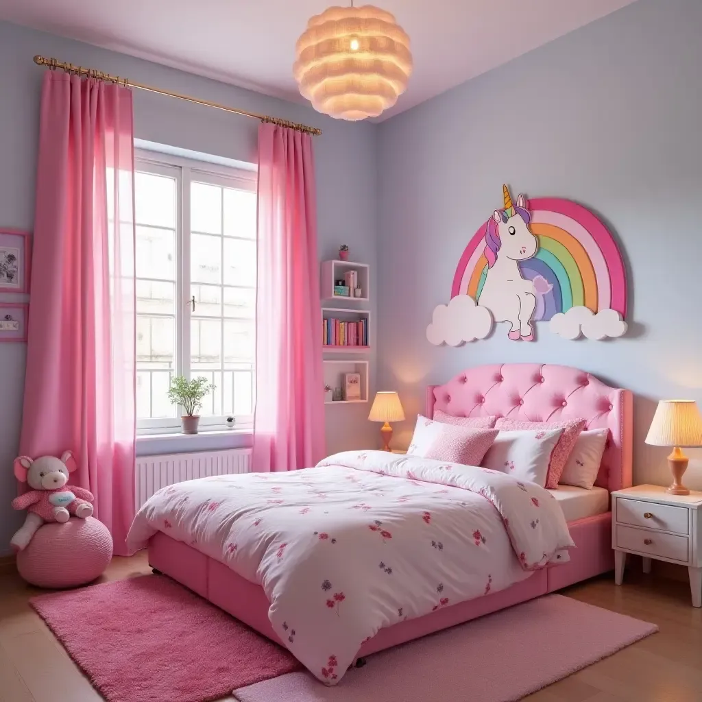 a photo of a magical unicorn-themed bedroom with colorful accents