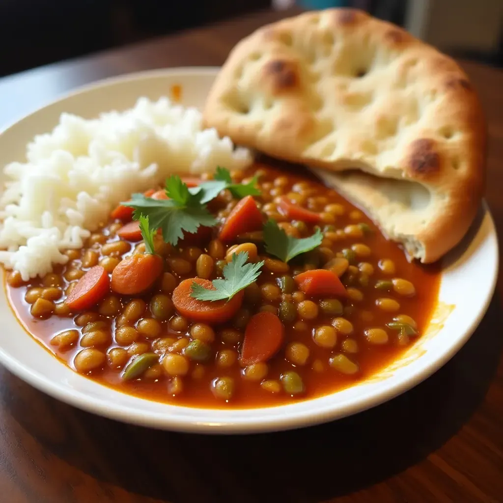 a photo of spicy lentil curry served with steamed rice and naan bread.