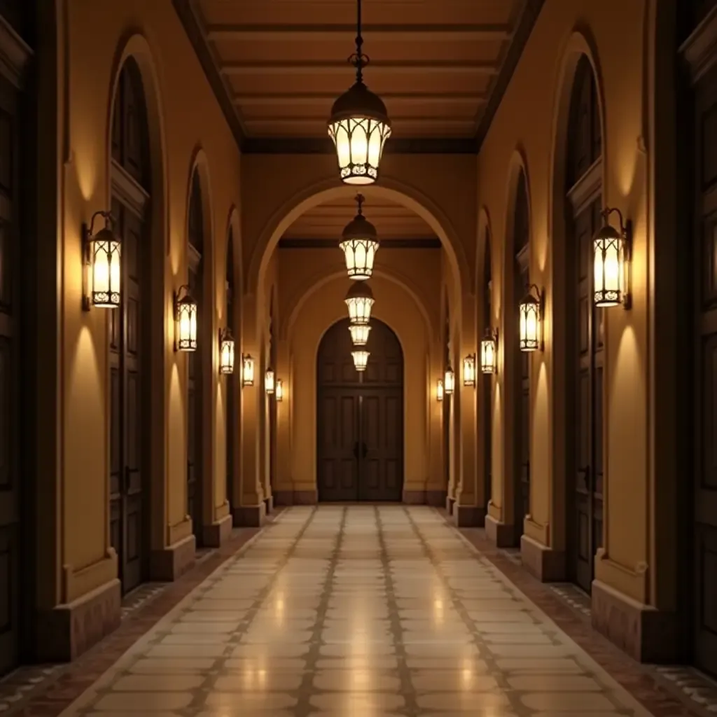 a photo of an elegant corridor with decorative lanterns and soft lighting