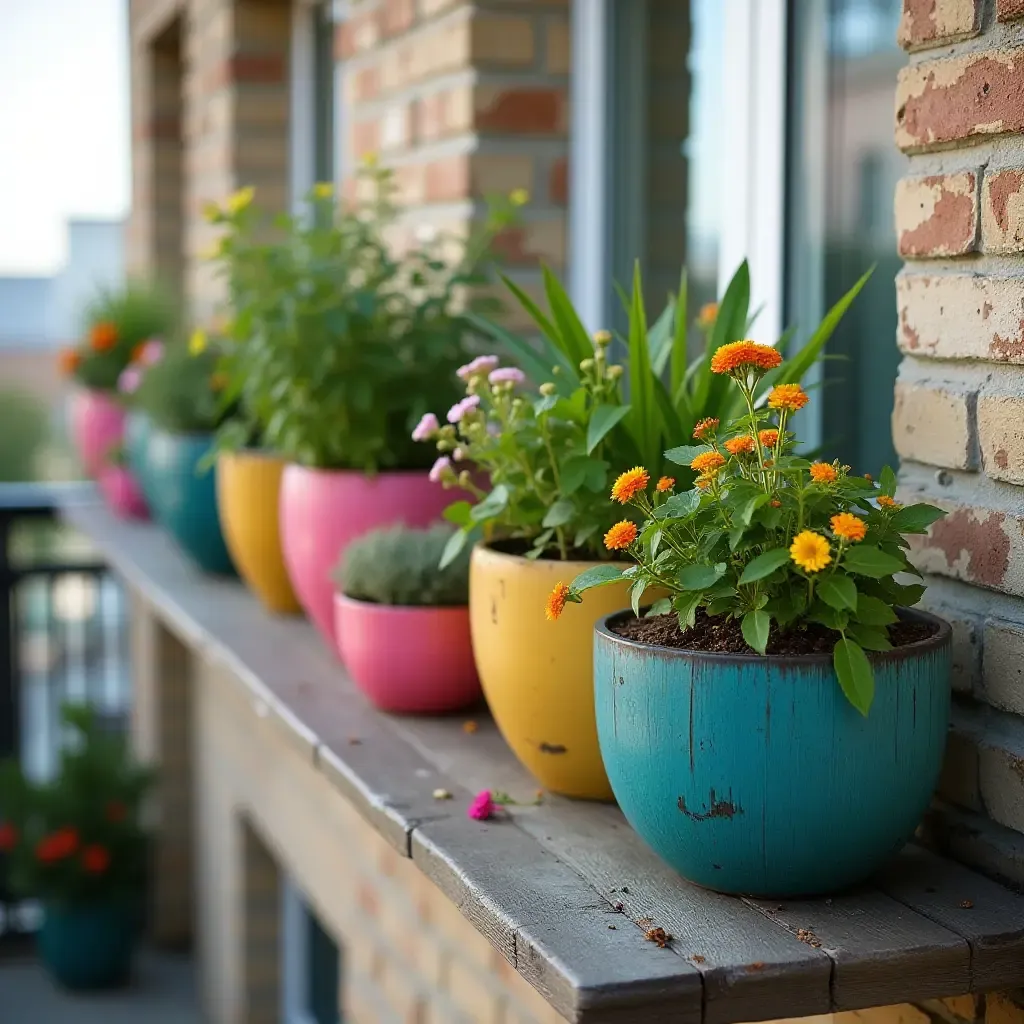 a photo of a balcony showcasing a collection of colorful planters