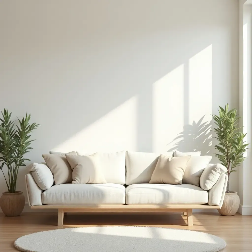 a photo of a sunlit living room with light throw pillows on a breezy couch