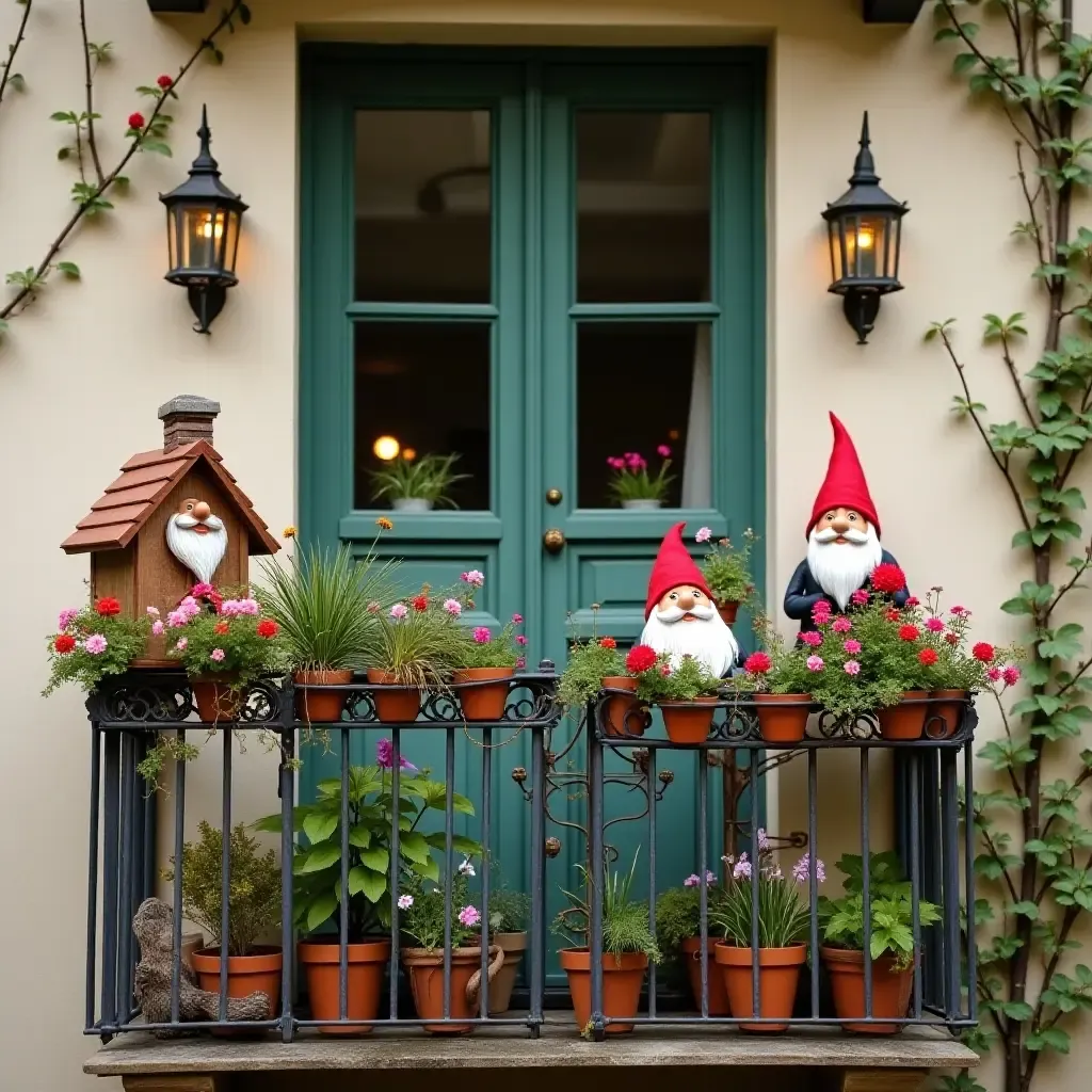 a photo of a balcony with a whimsical birdhouse and garden gnomes