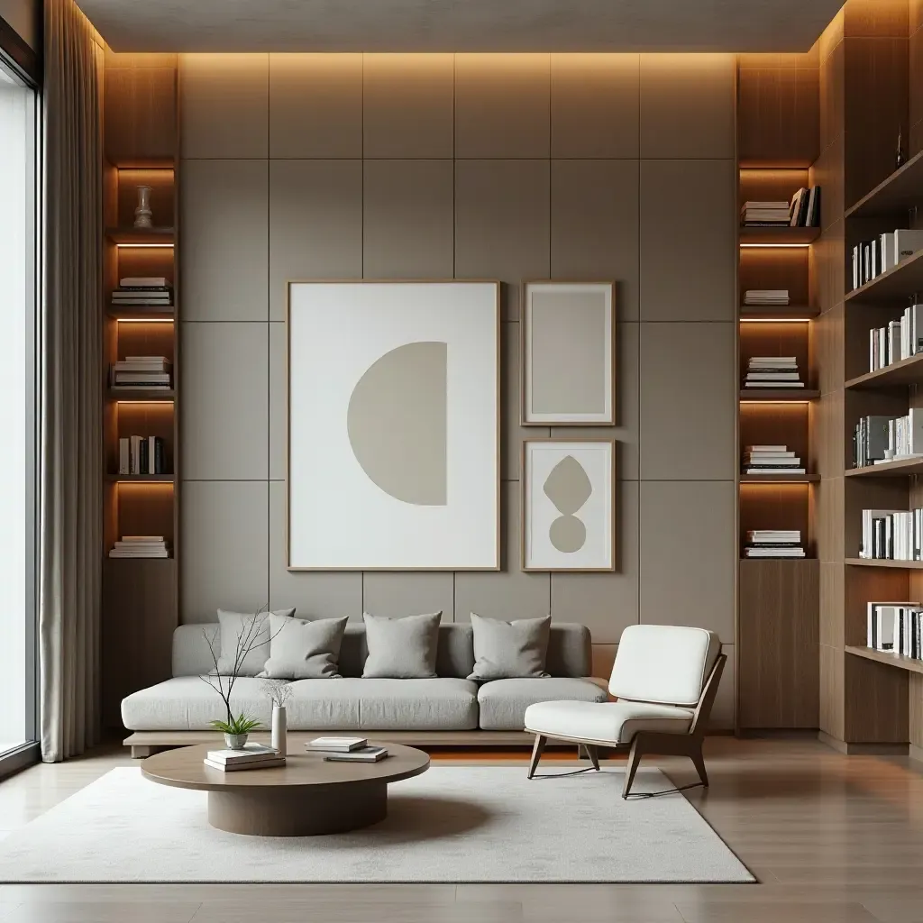 a photo of a library with a modern minimalist gallery wall