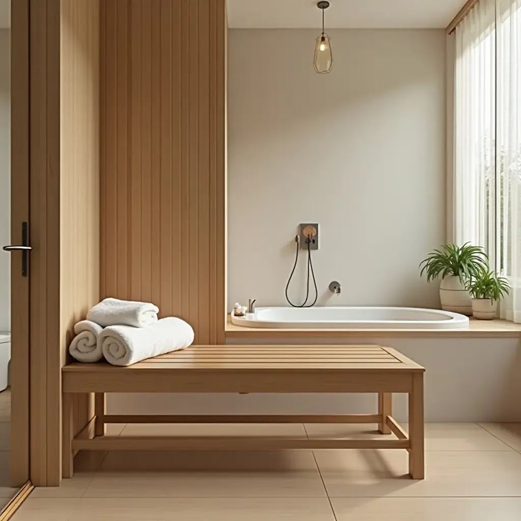 a photo of a wooden shower bench with plush towels in a spa-like bathroom