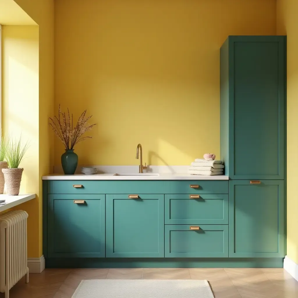 a photo of soft yellow and dark teal cabinets in a cozy atmosphere