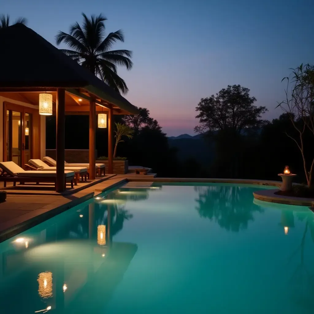 a photo of a romantic pool setting with soft pendant lighting at dusk