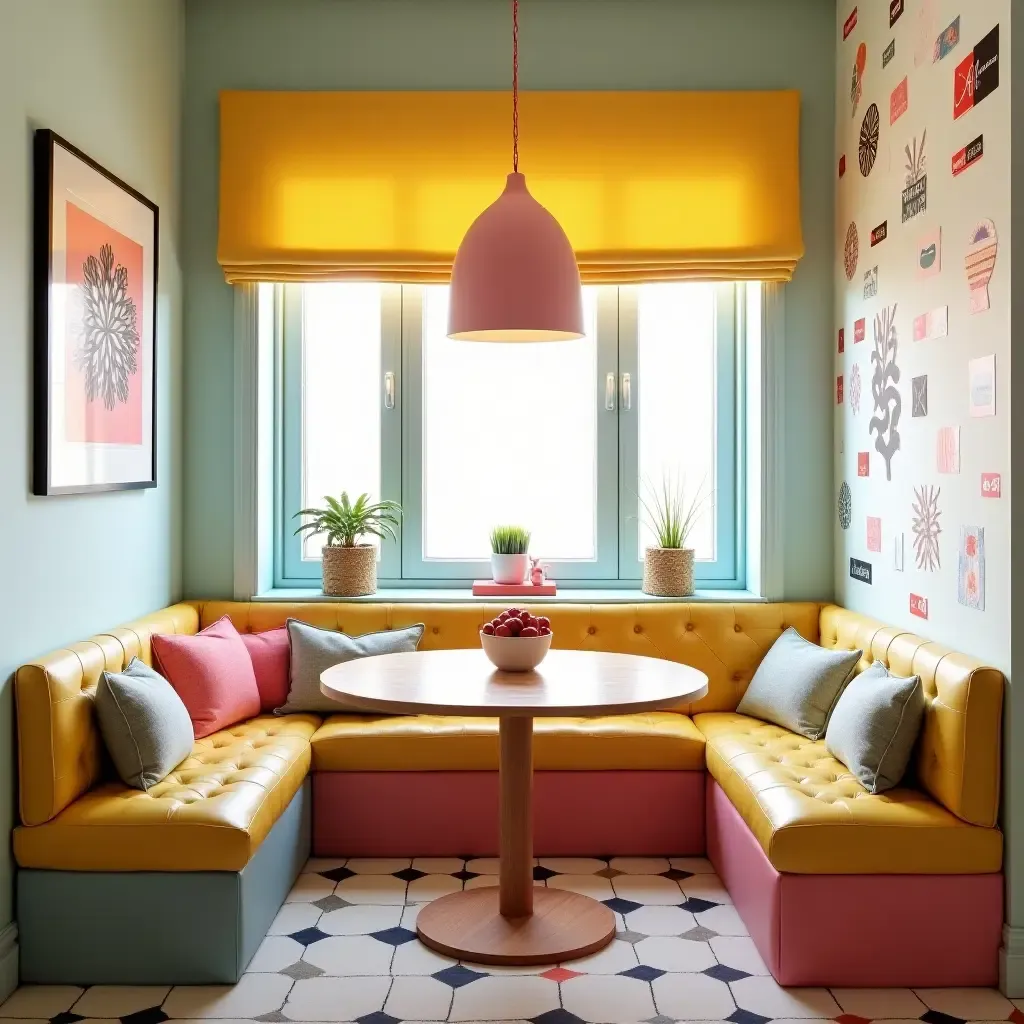 a photo of a whimsical breakfast nook with playful decor and bright colors