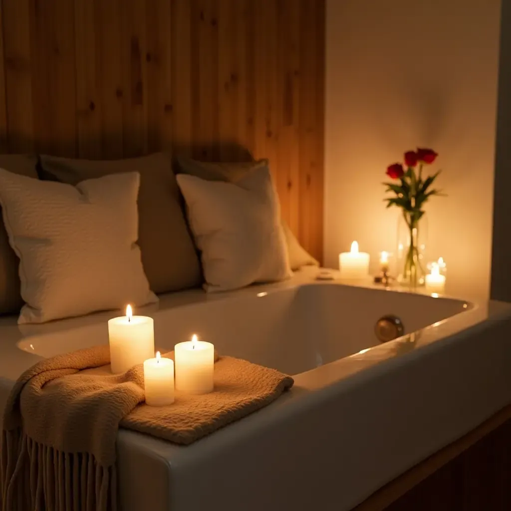 a photo of a bedroom with a romantic bath setup and scented candles