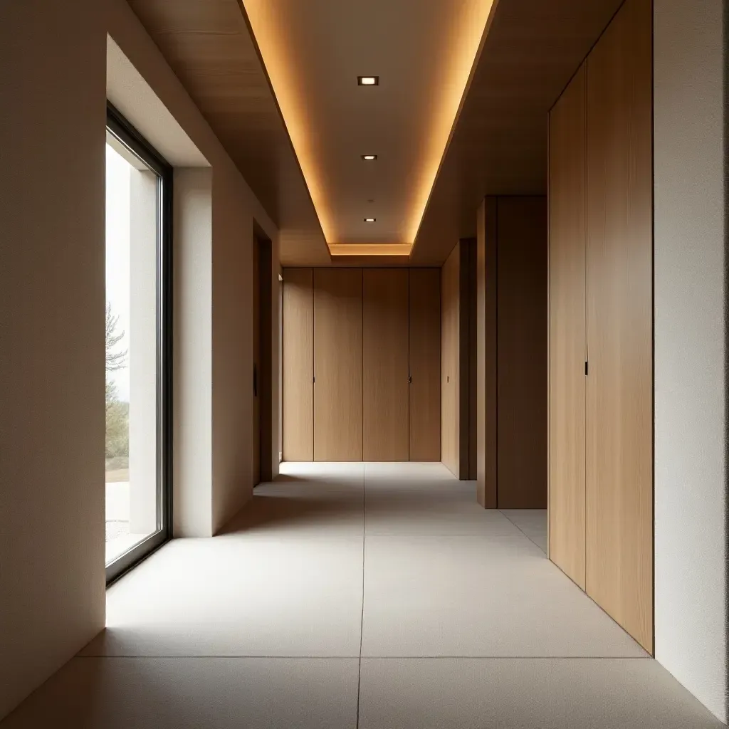 a photo of a minimalist corridor with contrasting textures of fabric, wood, and metal