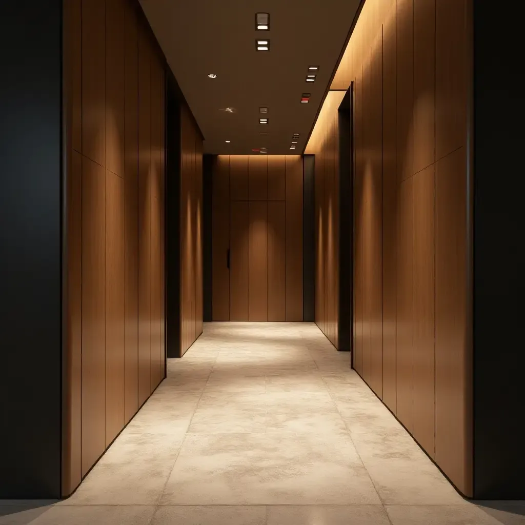 a photo of an elegant corridor design incorporating fabric, wood, and metal accents