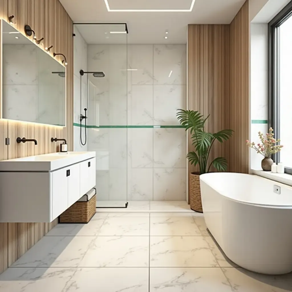 a photo of a bright bathroom with cheerful tiles and natural wood elements