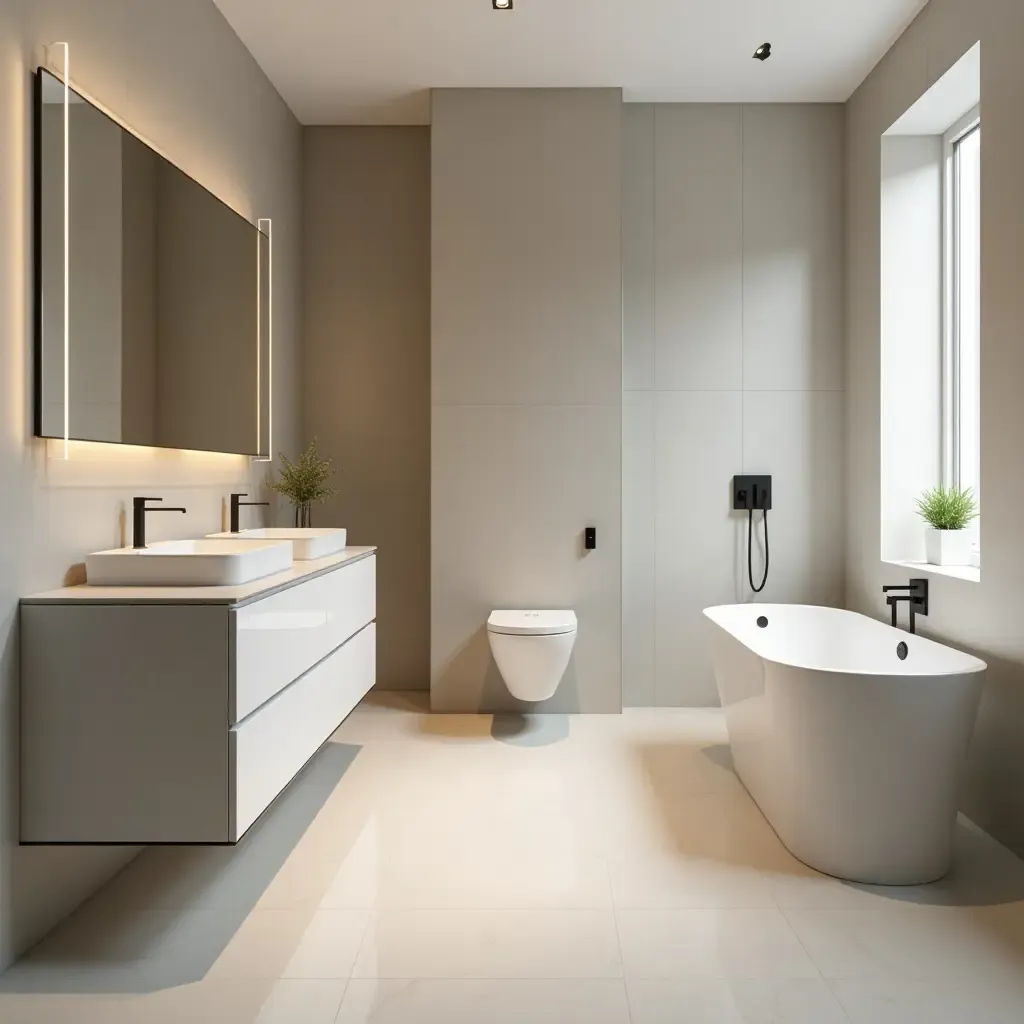 a photo of a minimalist bathroom featuring sleek fixtures and neutral tones