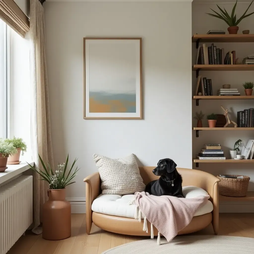 a photo of a reading nook featuring a cozy corner with a pet bed