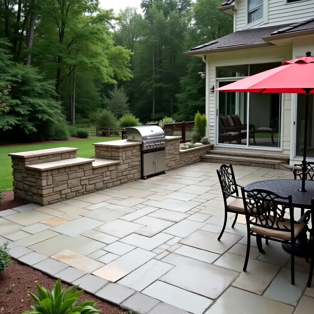 a photo of a concrete patio featuring a built-in grill and cooking area