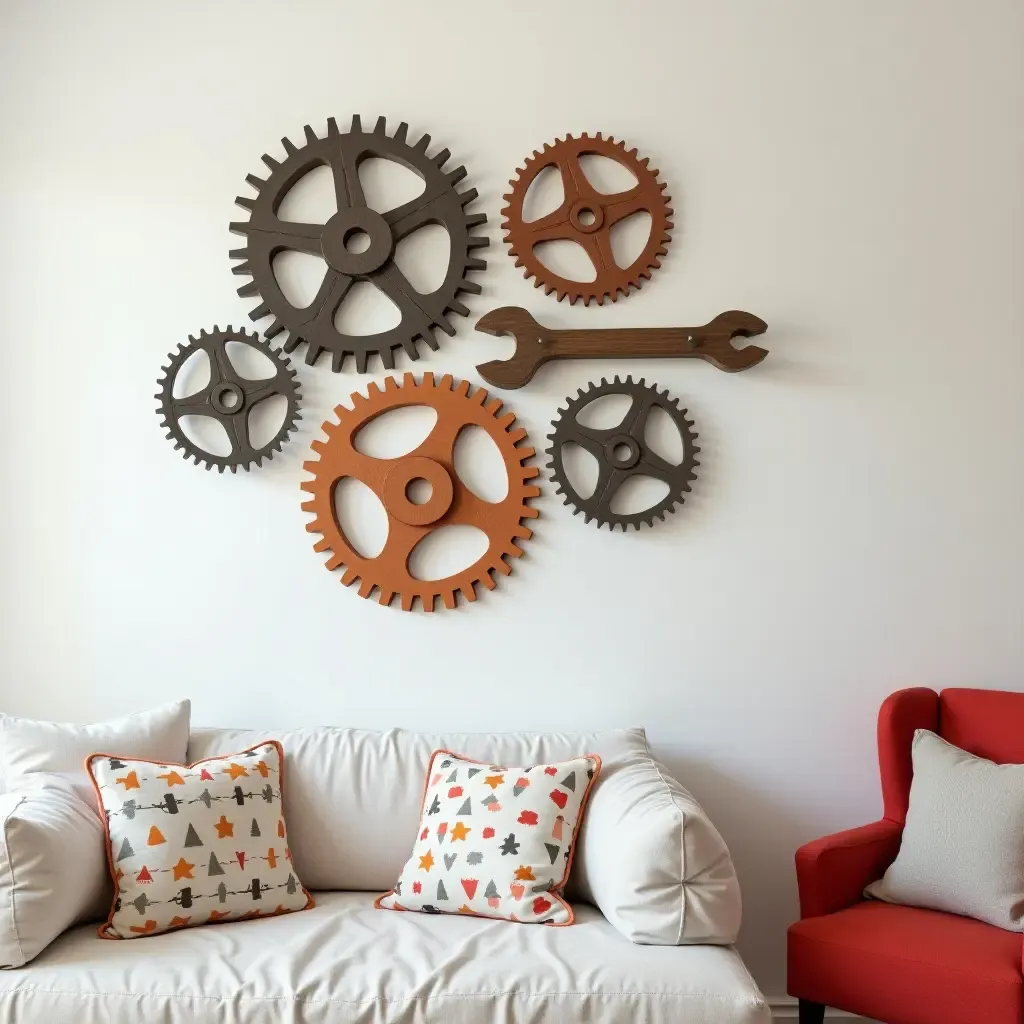 a photo of wall art made from gears and tools in a child&#x27;s room