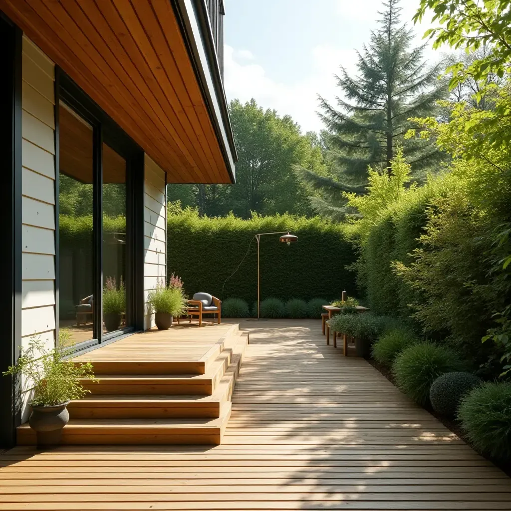 a photo of a balcony with wooden steps leading to a garden