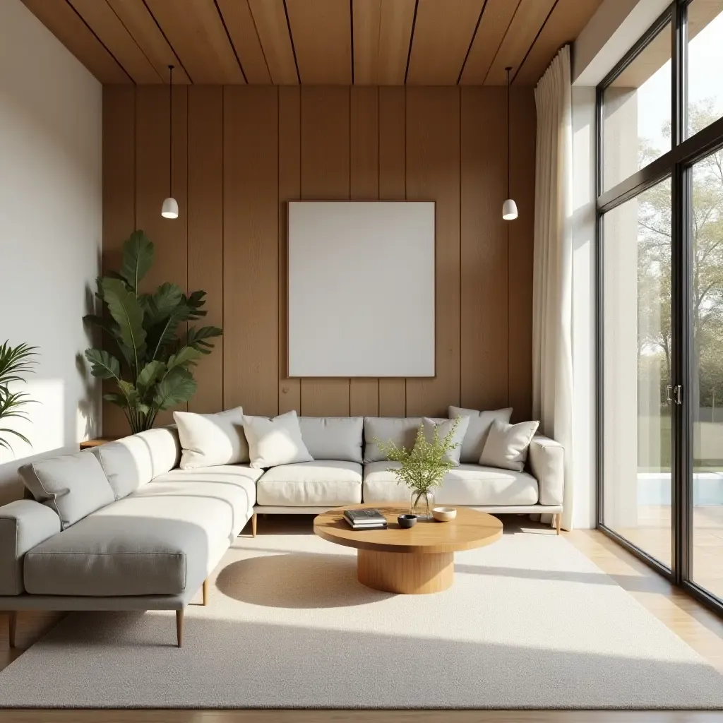 a photo of a contemporary living room with a focus on natural materials and light