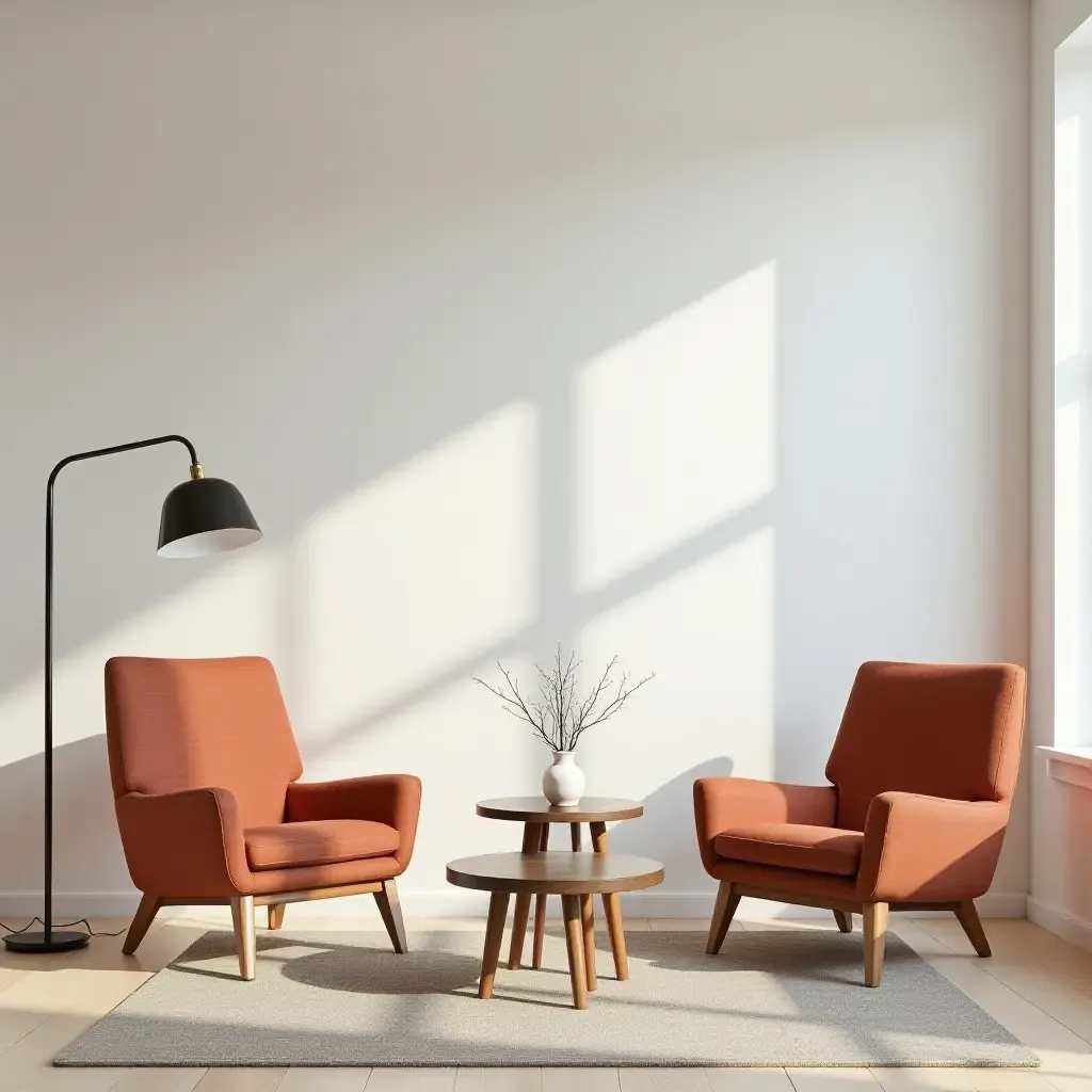 a photo of a bright living room combining mid-century chairs with modern lighting fixtures