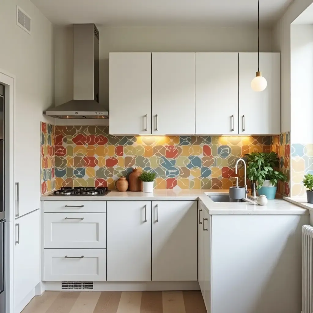 a photo of a small kitchen featuring a colorful backsplash