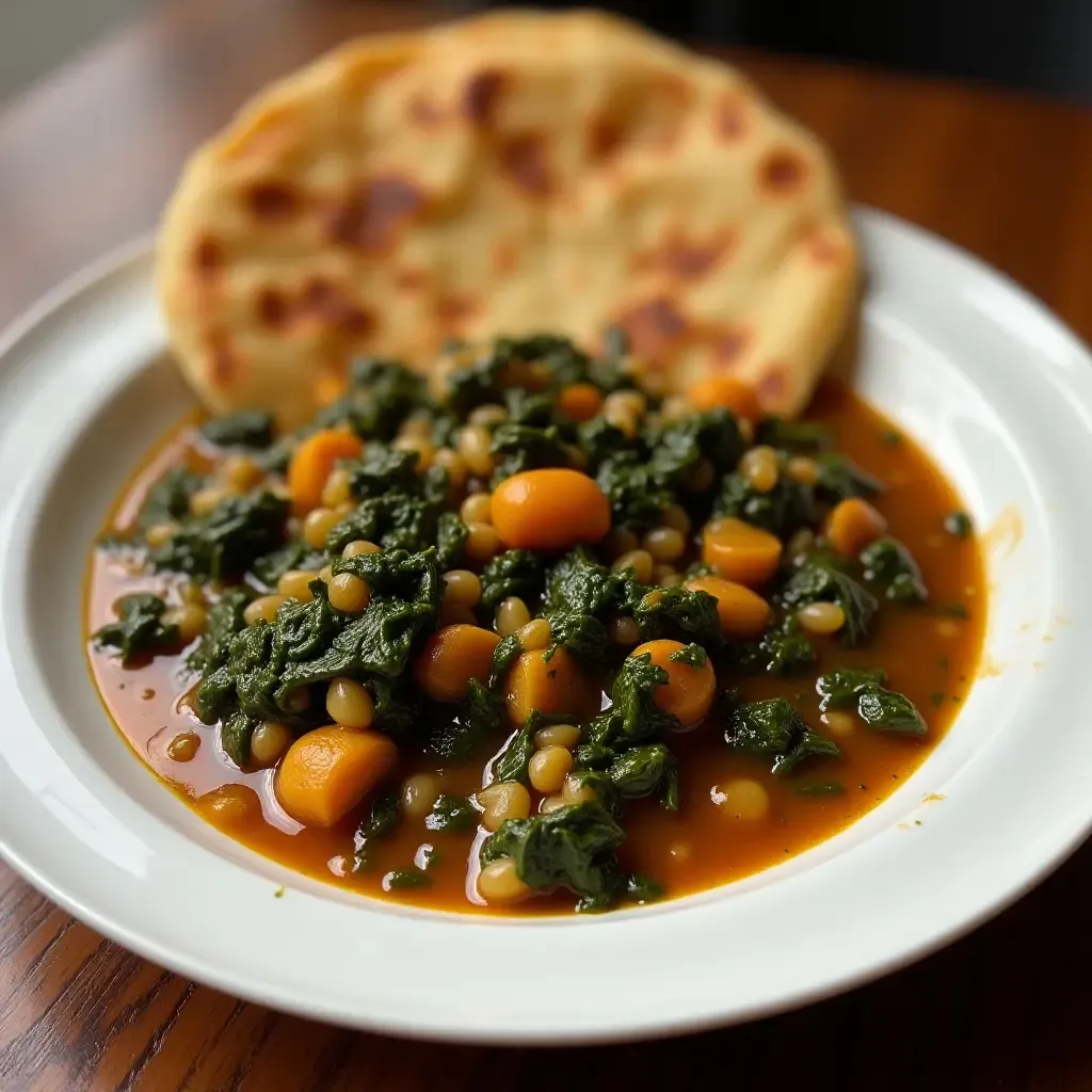 a photo of lentil and spinach stew served with warm roti.