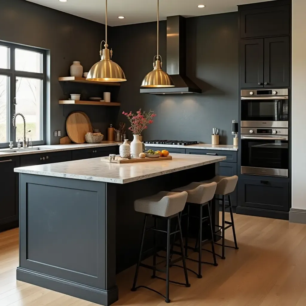 a photo of a stylish kitchen island with a chalkboard surface and seating