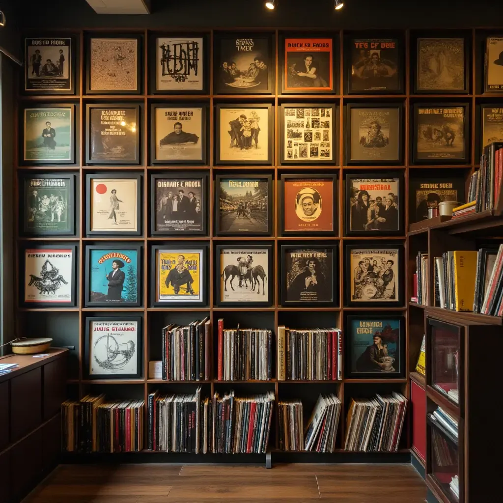 a photo of a library wall filled with framed album covers