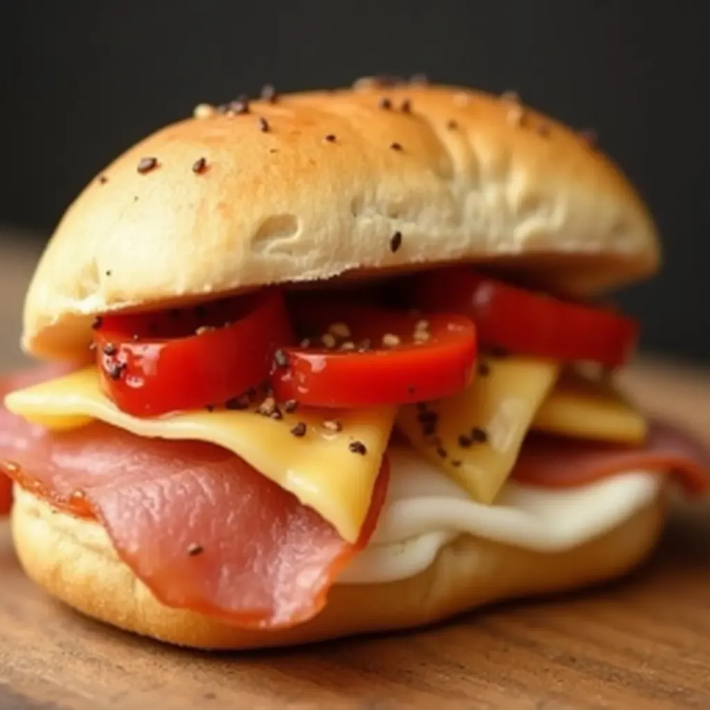 a photo of a unique Italian sandwich with roasted peppers, capicola, and provolone on ciabatta.