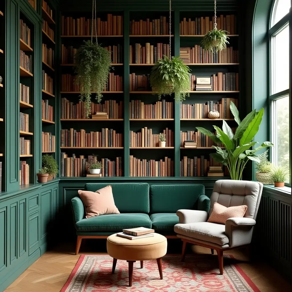 a photo of a cozy library corner with hanging plants