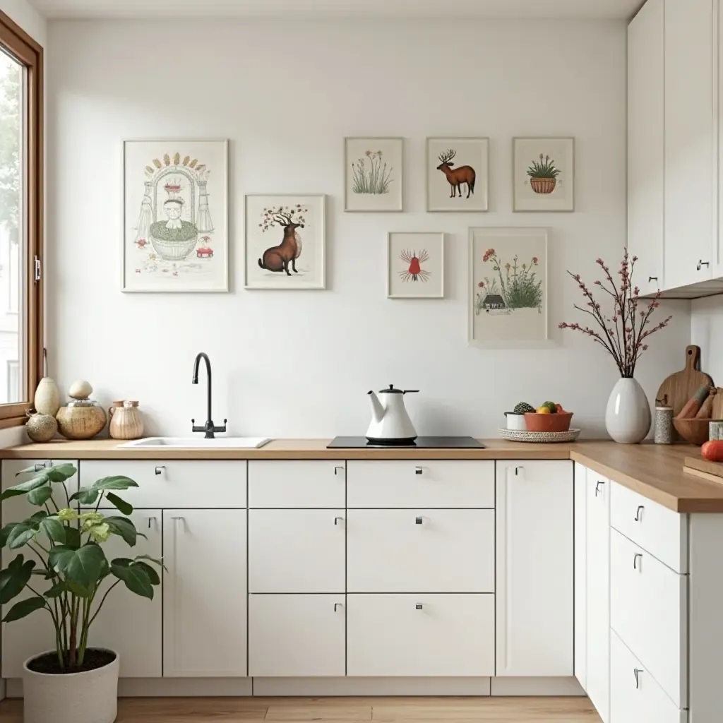 a photo of a kitchen with whimsical wall art and decorations