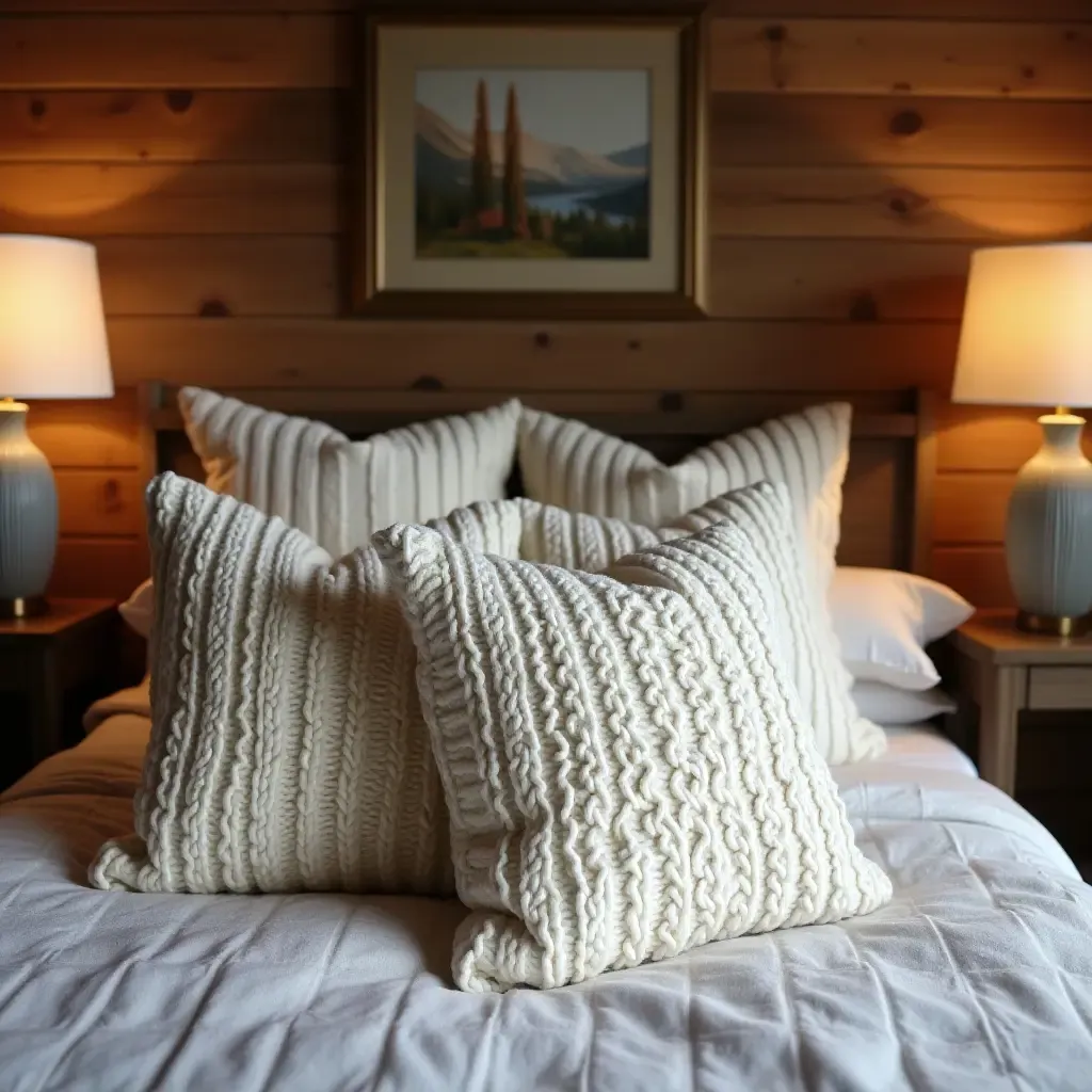 a photo of a rustic bedroom with knitted throw pillows