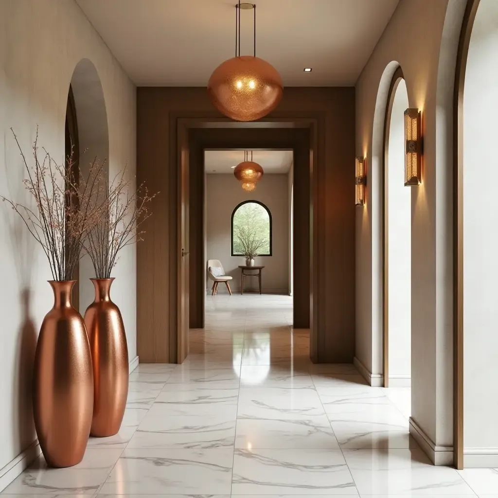 a photo of an elegant entrance hall with copper metallic vases