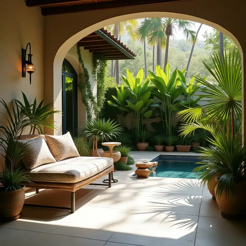 a photo of a concrete patio with a hammock and tropical plants for a vacation vibe