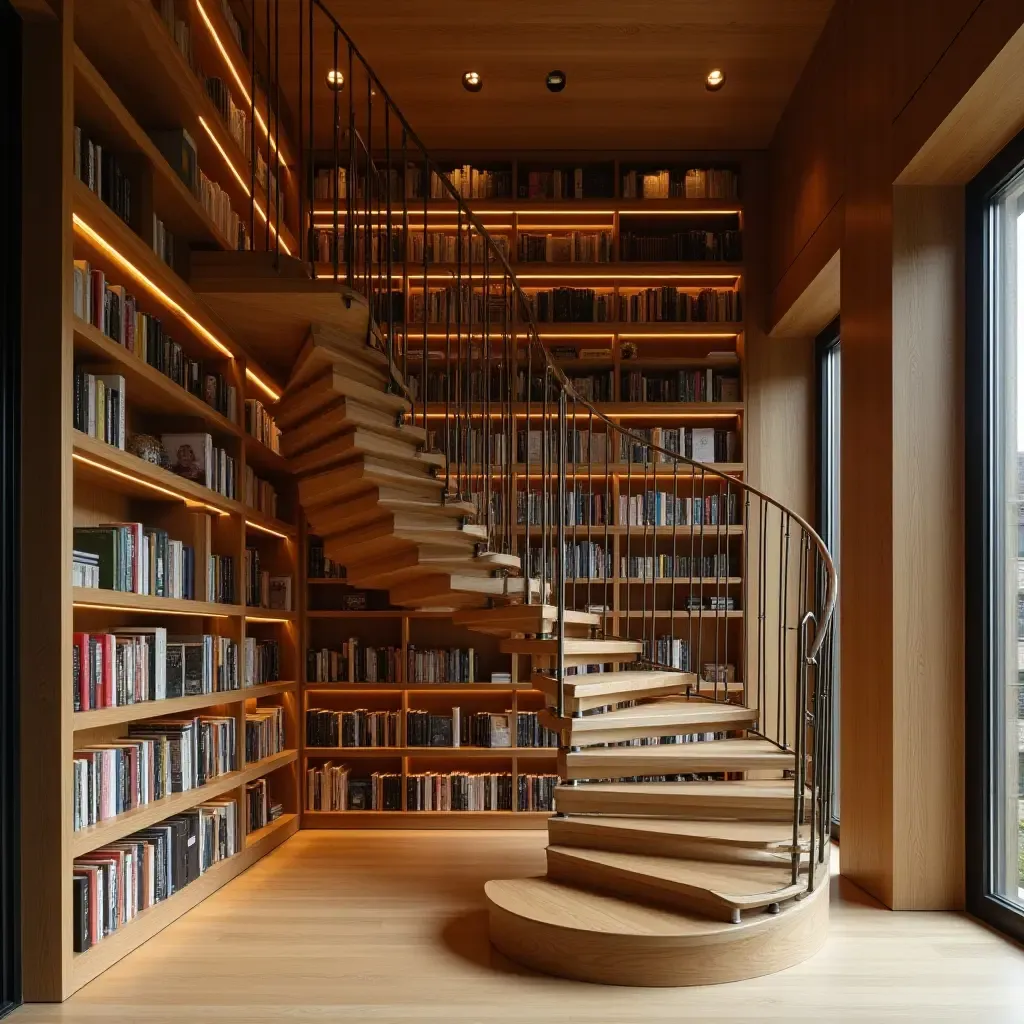 a photo of a library featuring a unique spiral staircase and open shelves