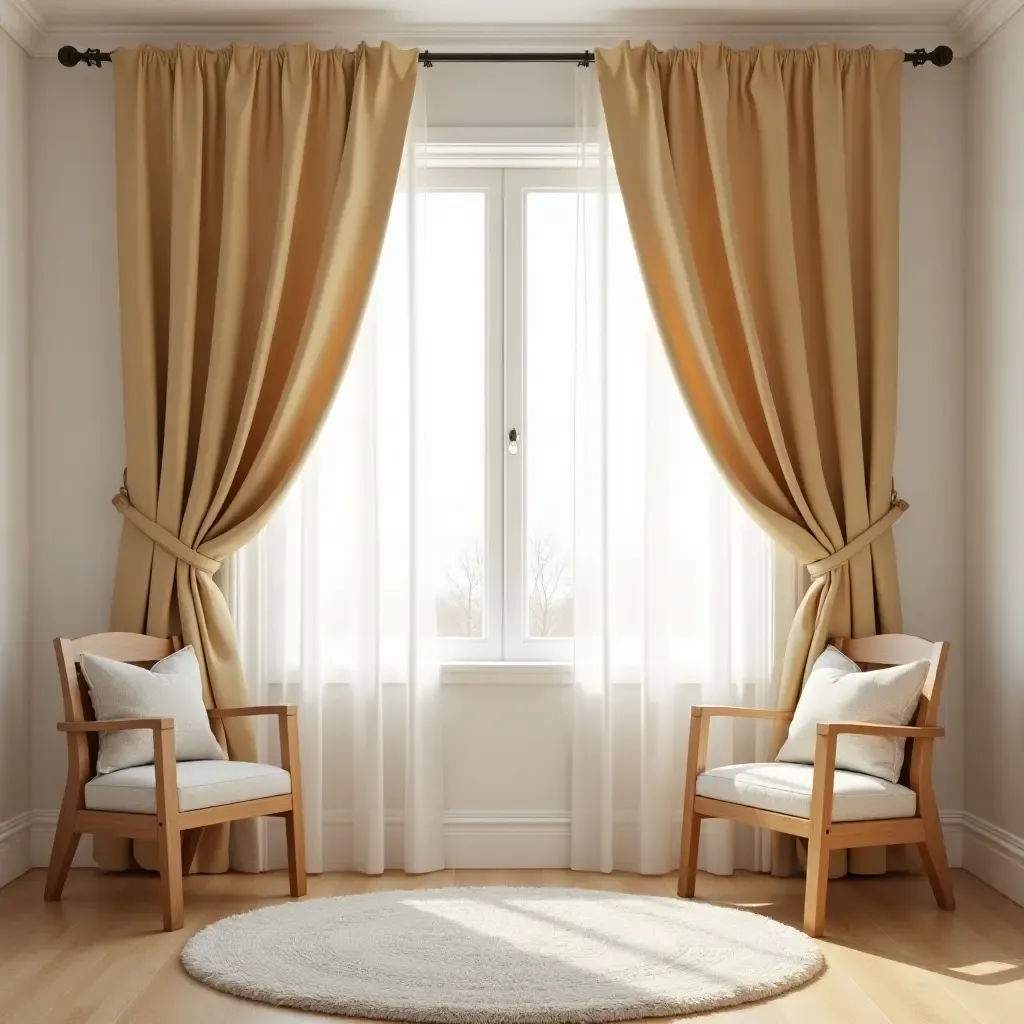 a photo of a charming kids&#x27; room with wooden curtains and drapes