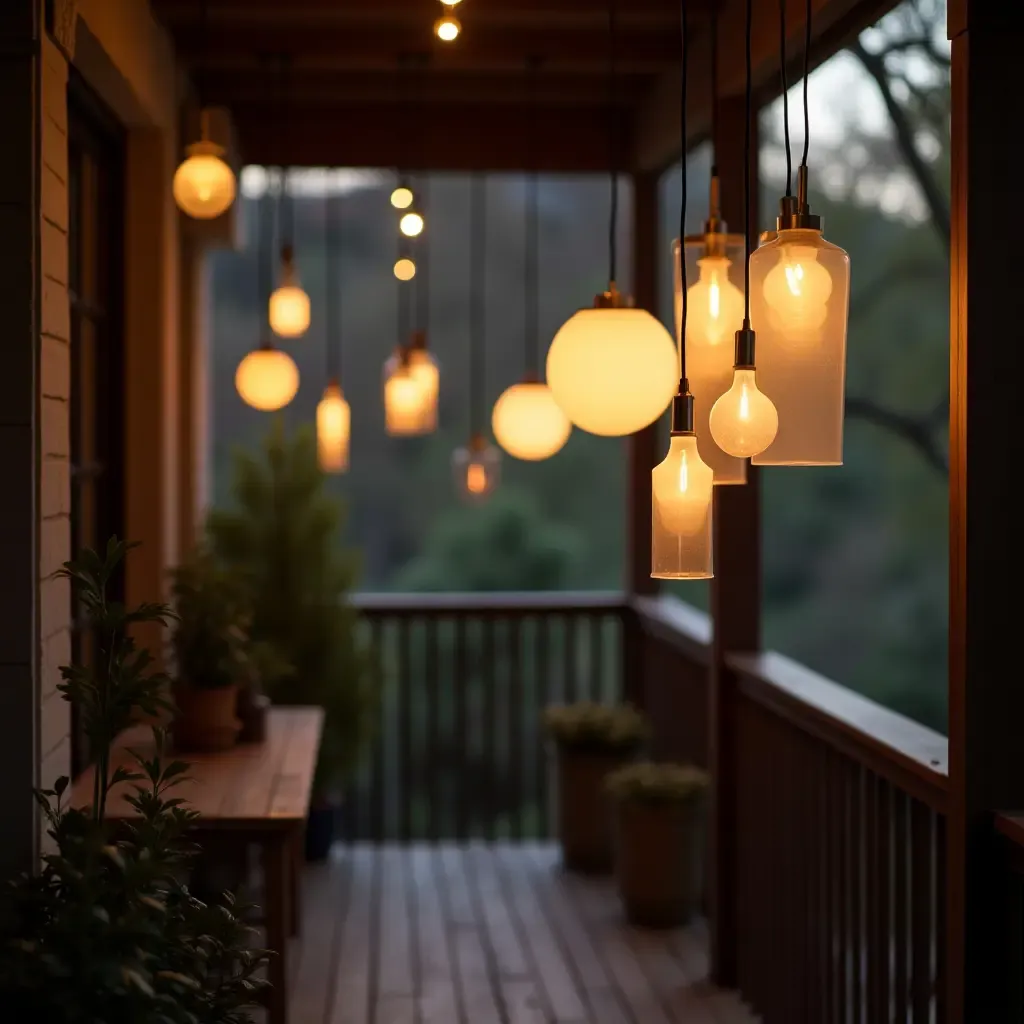 a photo of a balcony featuring pendant lights in various shapes