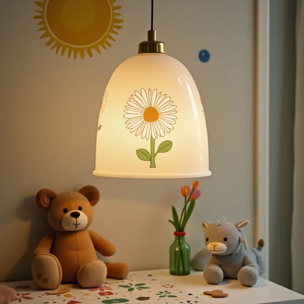 a photo of a pendant light with a floral design in a nature-themed kids&#x27; room