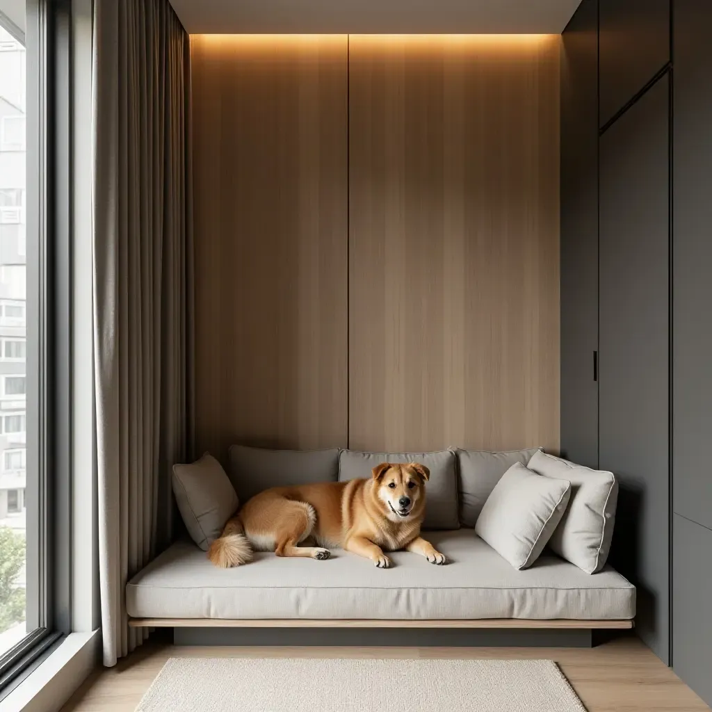 a photo of a stylish pet area integrated into a modern apartment design