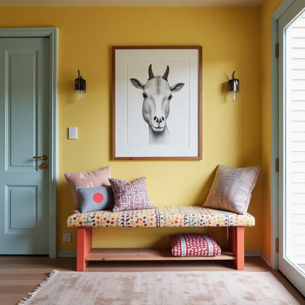 a photo of a colorful entrance hall with a whimsical bench and playful cushions