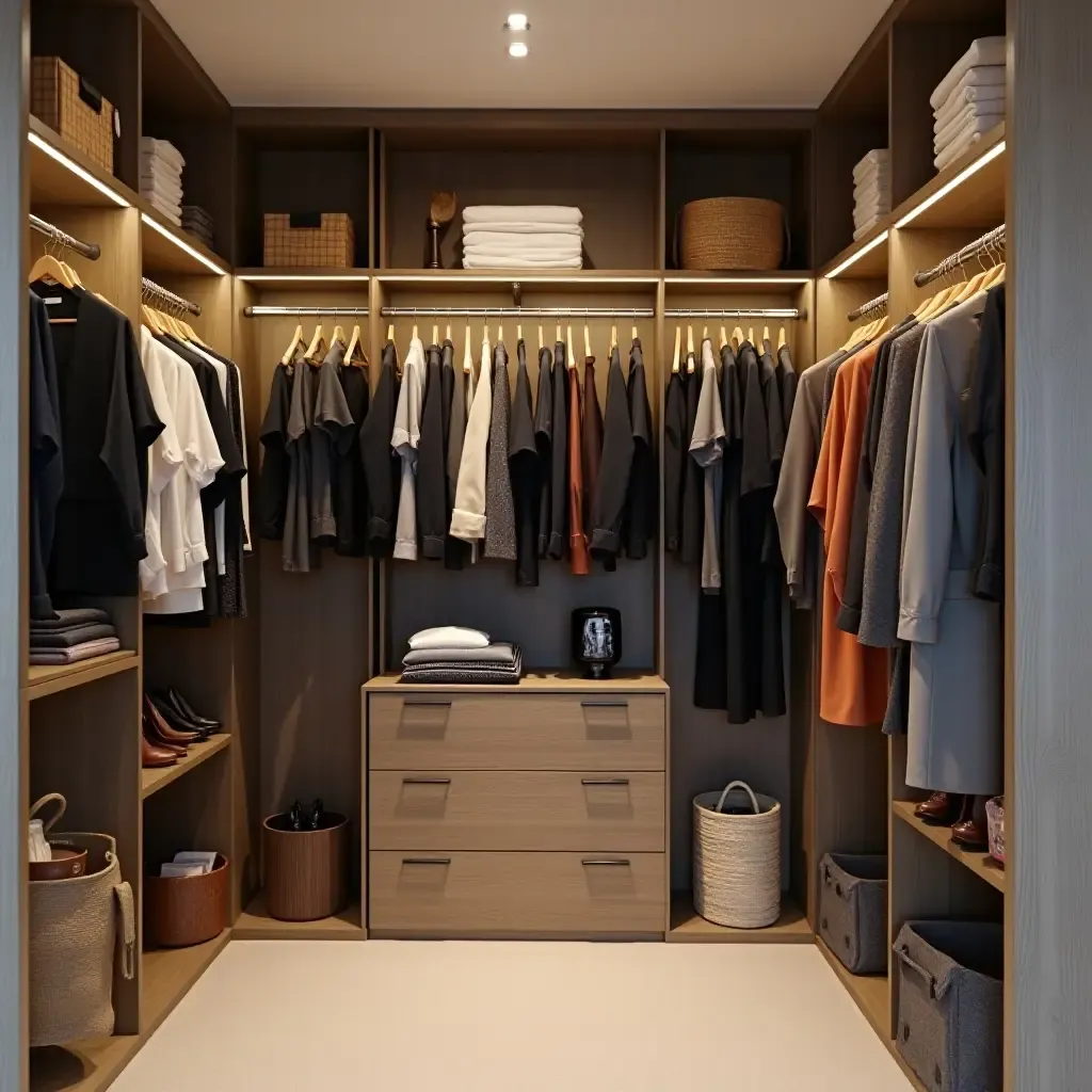 a photo of a basement fashion closet with organized clothes and decor