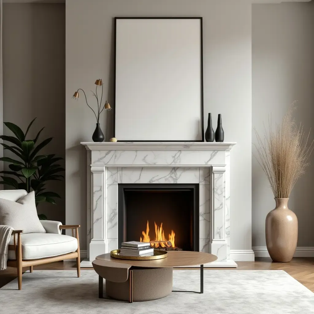 a photo of a cozy living room with marble fireplace and chic decor elements