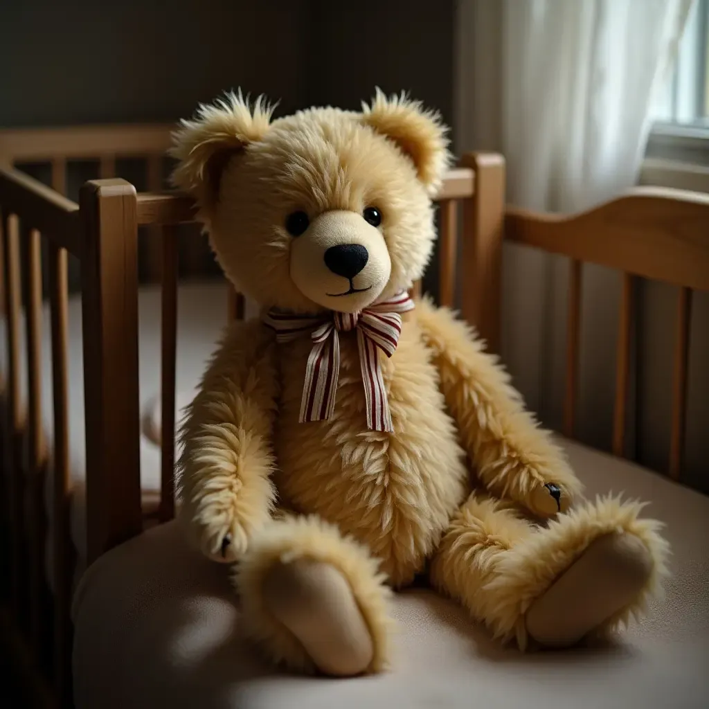 a photo of a vintage teddy bear sitting in a crib